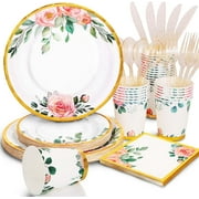 UniMall 168PCS Floral Plates and Napkins Party Supplies,Vintage Floral Paper Plates Set With Gold Rim Serve 24 Guests,Floral Disposable Plates Tea Party supplies for Adults Bridal Shower Decorations