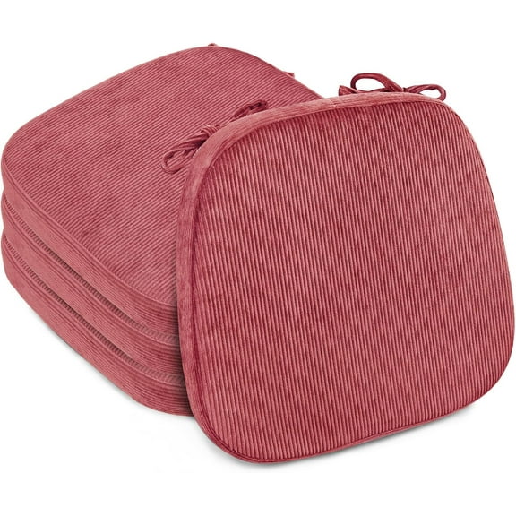 AllWays Plaza 2.5" Thick Chair Cushions for Dining Chair,Corduroy Foam Kitchen Chair Pads,U Shaped Indoor Seat Cushions with Ties&Non-Slip Backing, Removable Washable Cover,17''x16.5'',Set of 4,Pink