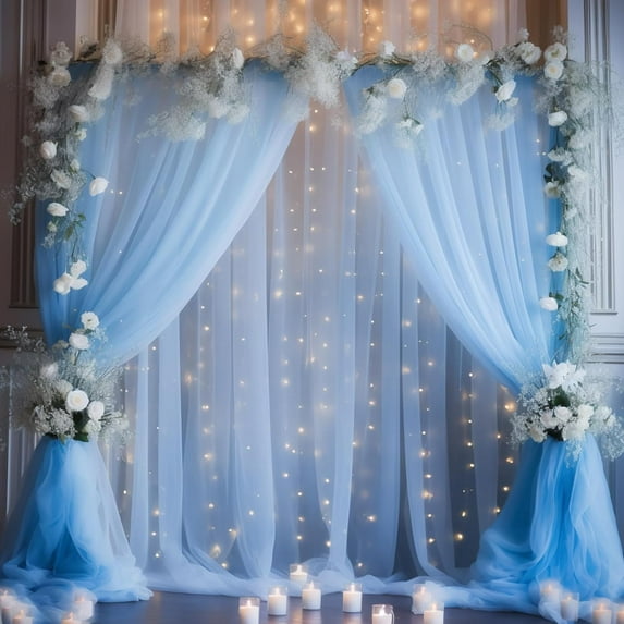 UniMall 20x10ft Baby Blue Tulle Backdrop Curtain with Lights String for Parites, Sheer Backdrop Curtains for Wedding Baby Shower Birthday Party Photo Shoot Decorations