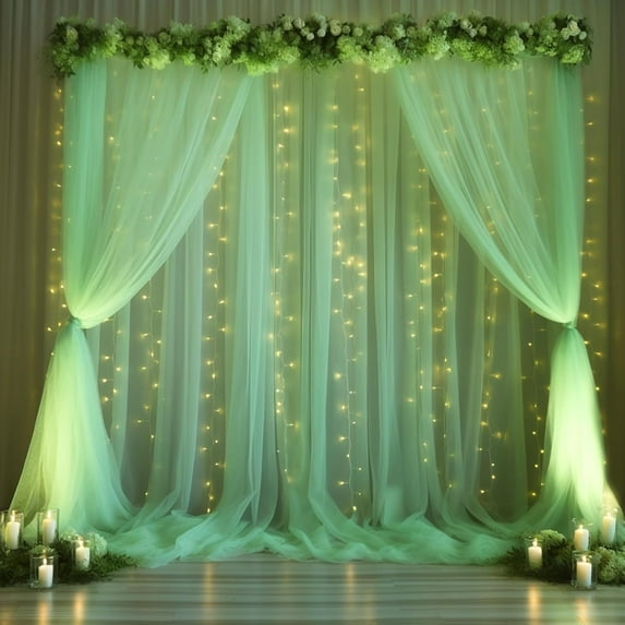 UniMall 20x10ft Olive Green Tulle Backdrop Curtain with Lights String for Parites, Sheer Backdrop Curtains for Wedding Baby Shower Birthday Party Photo Shoot Decorations