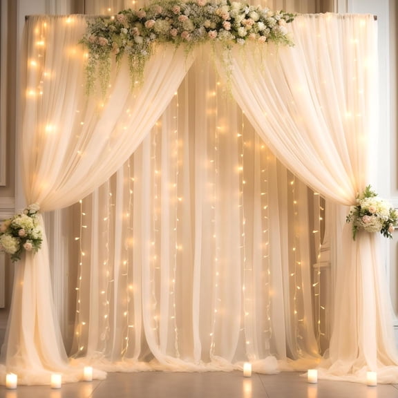 UniMall 30x10ft Champagne Tulle Backdrop Curtain with Lights String for Parites, Sheer Backdrop Curtains for Wedding Baby Shower Birthday Party Photo Shoot Decorations