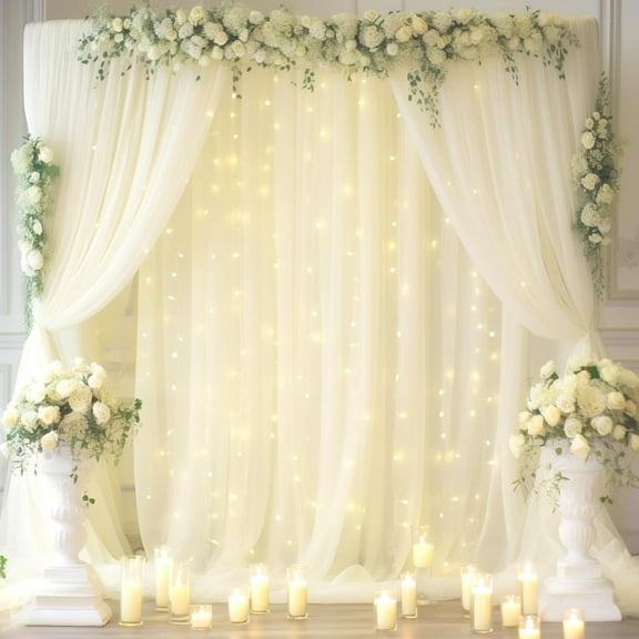 UniMall 30x10ft Ivory Tulle Backdrop Curtain with Lights String for Parites, Sheer Backdrop Curtains for Wedding Baby Shower Birthday Party Photo Shoot Decorations