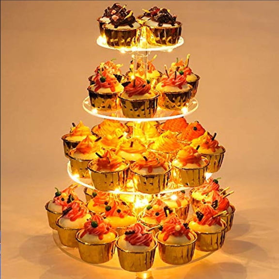 AllWays Plaza 4 Tier Round Cupcake Stand, Cupcake Holder, 4 Tier Cupcake Tray, Acrylic Cake Tower Stand Display for Pastry + LED Light String, Ideal for Weddings, Birthday Parties (Yellow)