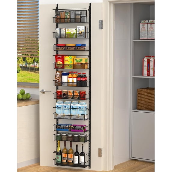 UniMall Over the Door Pantry Organizer, 10-Tier Over the Door Organizer with Adjustable Basket, Door Organization for Pantry Kitchen Storage Room Spice Rack, Black