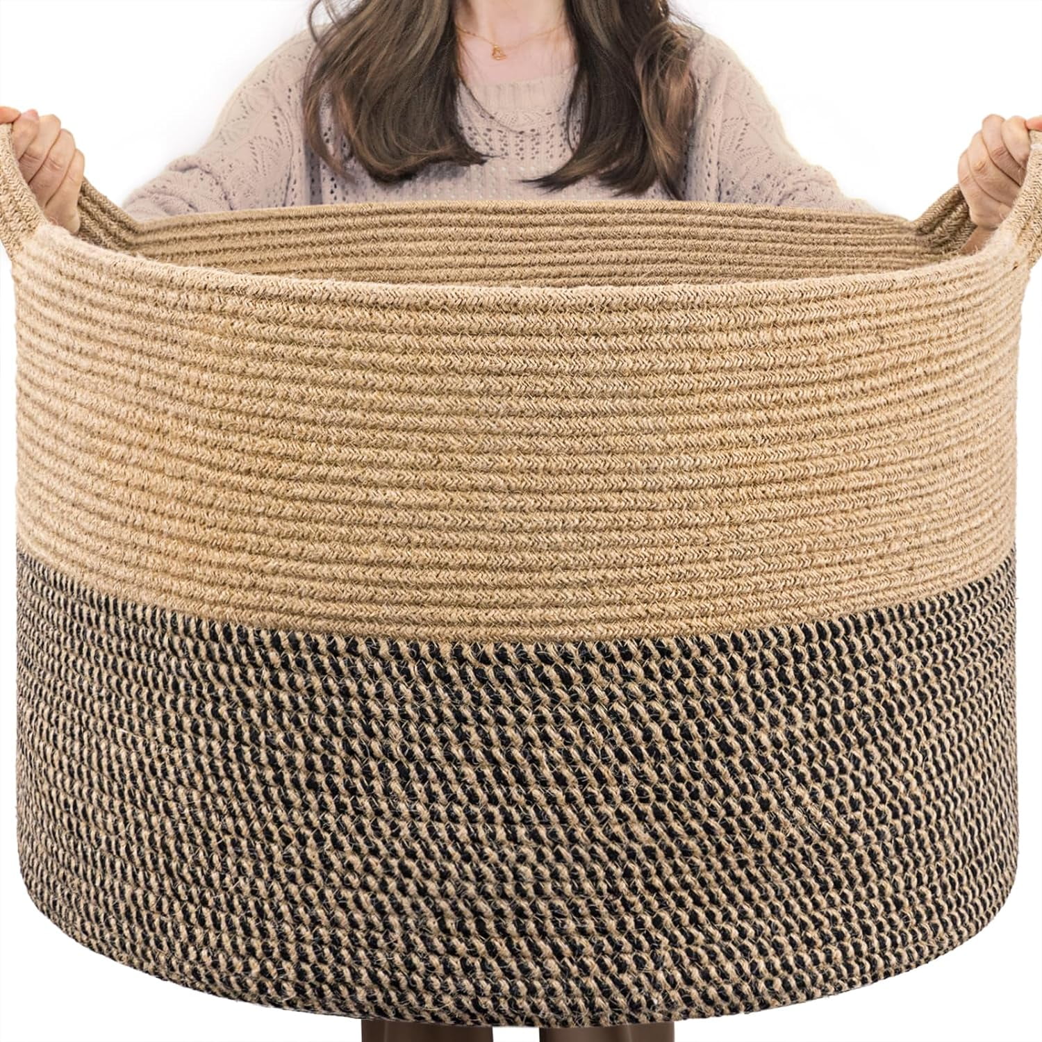 UniMall Extra Large Woven Baskets for Storage, 21.7 x 13.8 Blanket Basket Living Room Wicker Storage Basket for Organizing Woven Laundry Baskets for Toy Pillow Shoe, Entryway, Black Jute