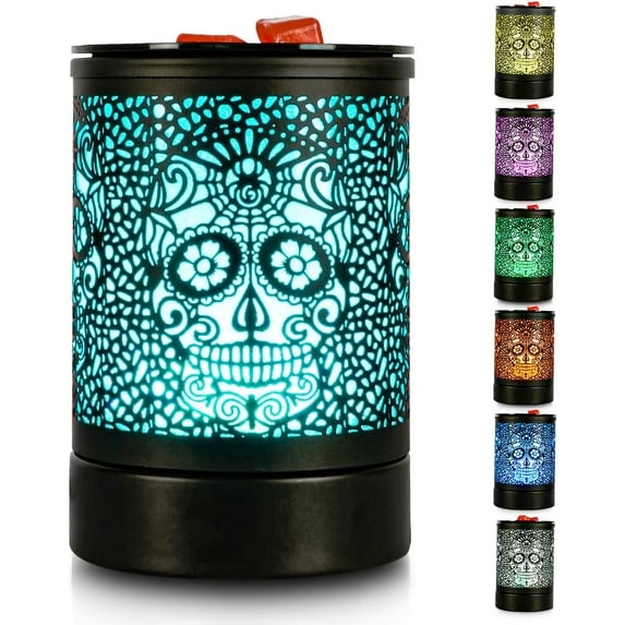 UniMall Fragrance Wax Melts Warmer with 7 Colors LED Changing Light Classic Black Forest Design Scent Oil Candle Warmer for Home Skull
