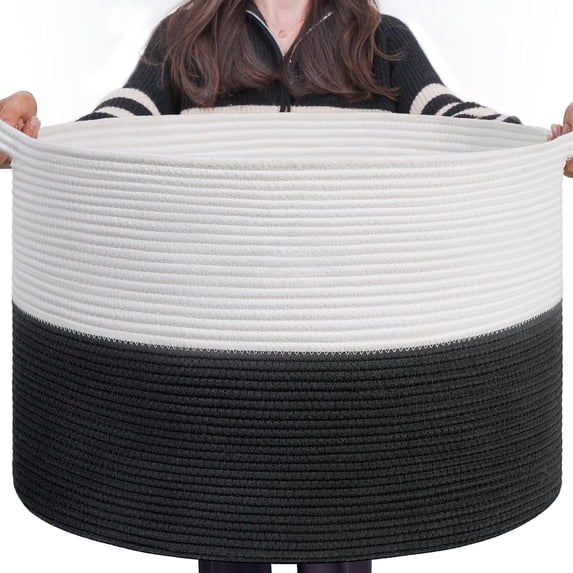 XXXLarge Cotton Rope Basket 21.7" x 21.7" x 13.8" Woven Baby Laundry Blanket Basket Toy Baskets with Handle Storage Comforter Cushions Thread Laundry Hamper Home Decor Living Room