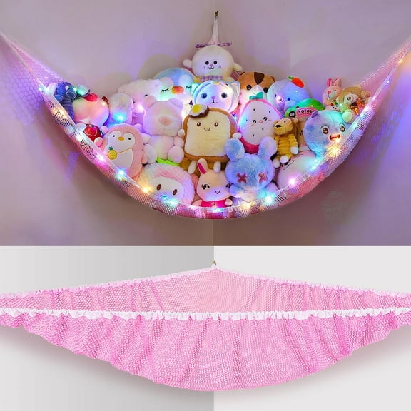 UniMall Stuffed Animals Net or Hammock Kids Toy Storage Organizer with LED Light Hanging Corner Stuffed Animals Holder Kids Girls Room Decor,Pink,Large (Pack of 1)