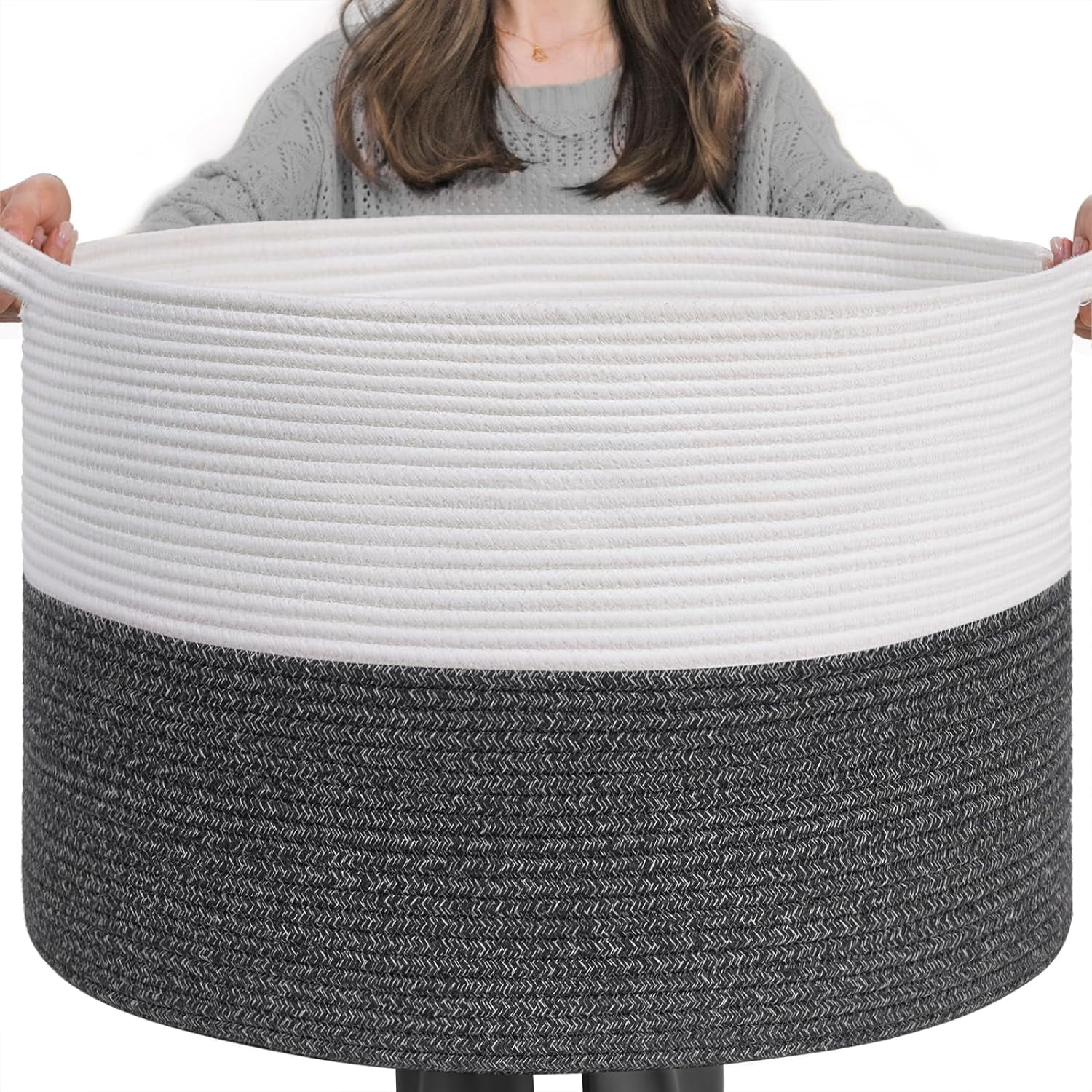 UniMall XXXLarge Cotton Rope Basket 21.7" x 21.7" x 13.8" Woven Baby Laundry Baskets Blanket Basket Toy Baskets with Handle Storage Comforter Cushions Gray Laundry Hamper