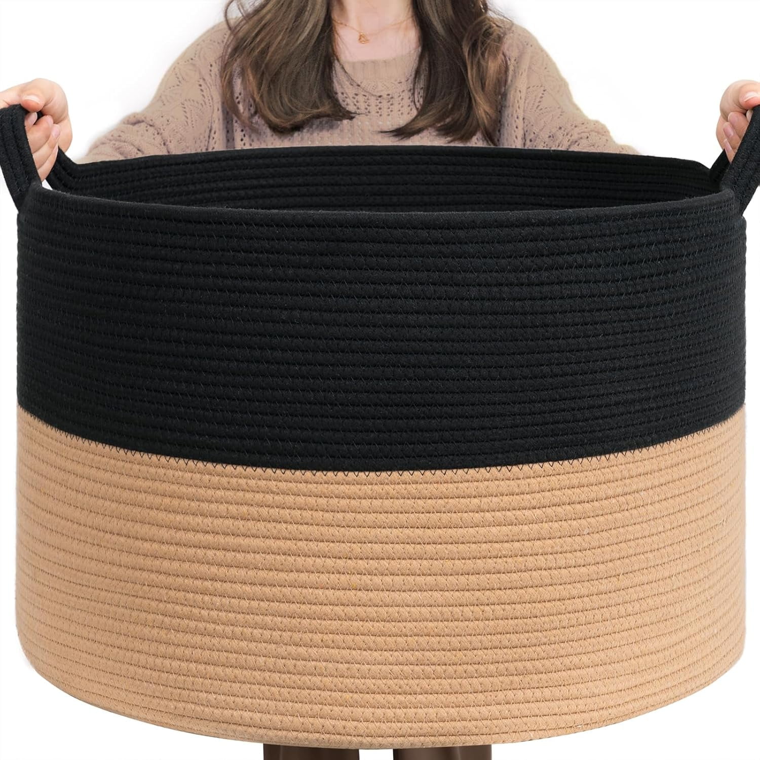 XXXLarge Cotton Rope Basket 21.7" x 21.7" x 13.8" Woven Baby Laundry Blanket Basket Toy Baskets with Handle Storage Comforter Cushions Thread Laundry Hamper Home Decor Living Room