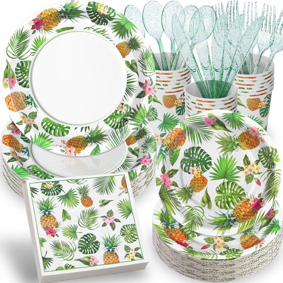 UniMall168PCS Hawaiian Luau Party Supplies,Pineapple Paper Plates Bulk Serve 24 Guests,Hawaiian Beach Party Plates Green and White for Adults Birthday Tropic Pool Party Decorations