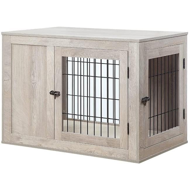 Gray Medium Wooden Dog Crate End Table with Double Doors