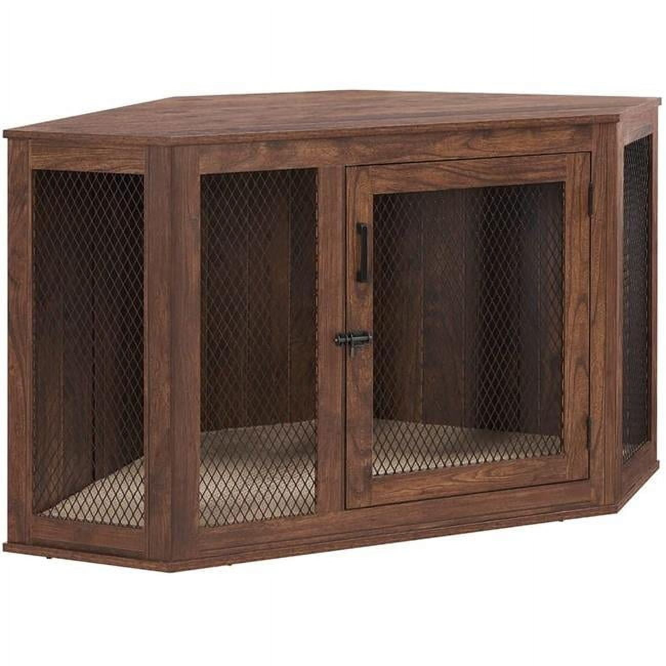 Large Walnut Corner Dog Crate with Metal Mesh