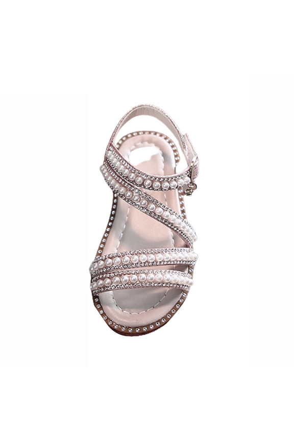 Flower Girl Pearl Sandals, Open Toe Dress Shoes for Kid, Summer Strap Flats Shoes for Wedding Party Performance Sandals Big Girls Comfortable Walking Sandals