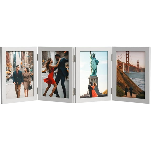 UniVerse 4 Picture Frame, 4x6 Four Folding Hinged Photo Frames, Rustic Wood Desk Family Photo Collage Stand Vertical on Tabletop for Birthday Family Lover Gift (White)