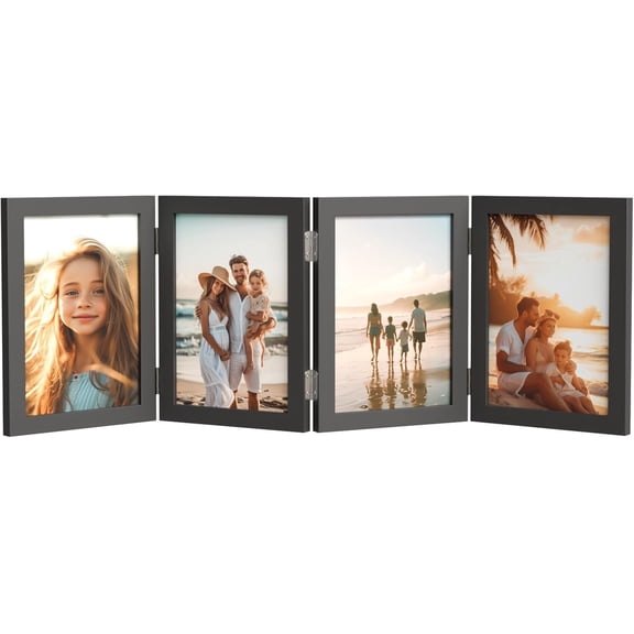 UniVerse  4 Picture Frame, 4x6 Four Folding Hinged Photo Frames, Rustic Wood Desk Family Photo Collage Stand Vertical on Tabletop for Birthday Family Lover Gift (Black)