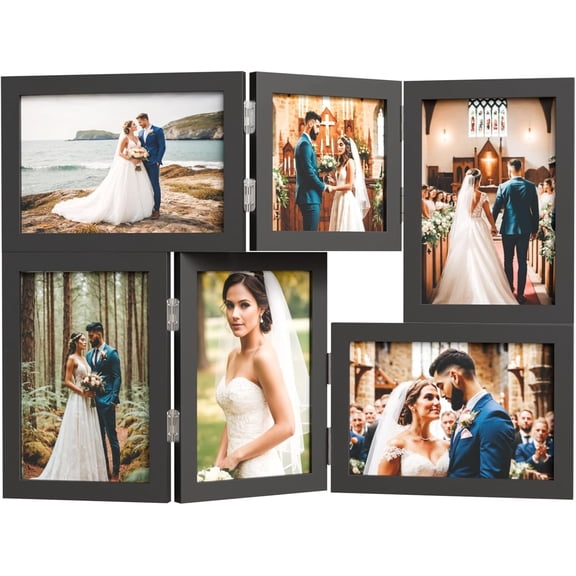 UniVerse 6 Picture Frame, 4x6 & 4x4 Six Folding Hinged Photo Frames, Rustic Wood Desk Family Photo Collage Stand Vertical on Tabletop for Birthday Family Lover Gift (Black)