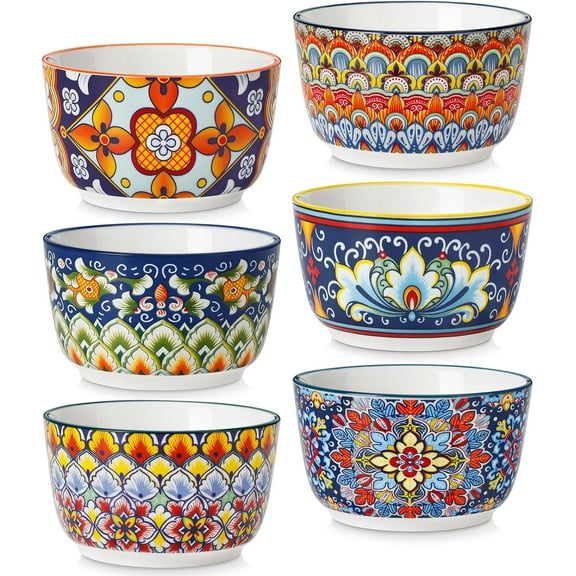 UniVerse 8 Oz Ramekins Oven Safe Set of 6, Bohemian Creme Brulee Ramekins, Colorful Souffle Dishes, Pudding Custard Cups for Baking, Small Ceramic Bowls for Snacks, Ice Cream