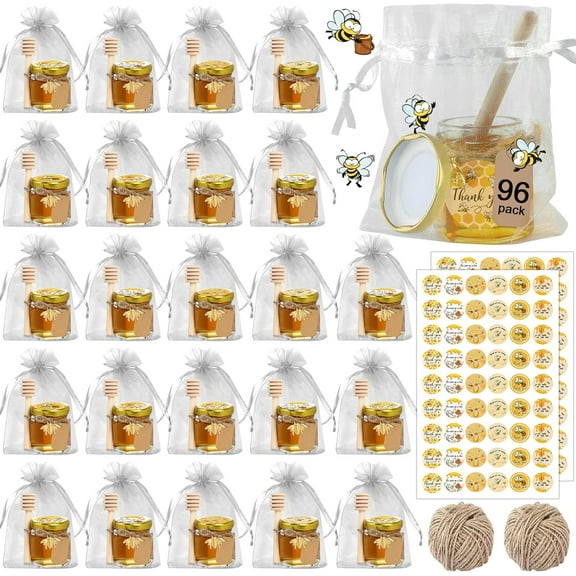 UniVerse 96 Pack Mini Honey Jars Party Favors in Bulk, 1.5 oz Small Hexagon Glass Honey Jars with Dippers, Lids, Cute Stickers, Charms, Gift Bags and Jute for Baby Showers, Weddings & Birthdays