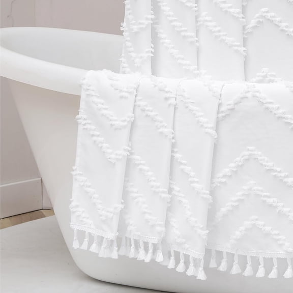 UniVerse Boho Shower Curtain, White Fabric Cloth Shower Curtains Farmhouse Tufted Chevron Striped Textured with Tassel for Bathroom, Soft Hotel Style Modern Minimalist, Machine Washable, 72x72, White
