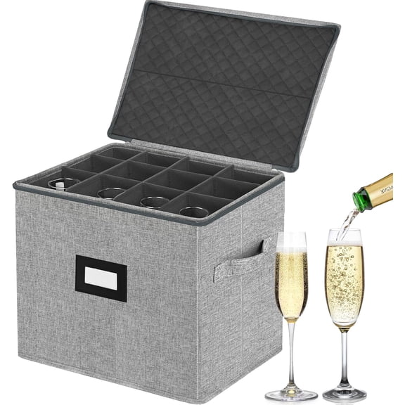 UniVerse Champagne Flute Storage Box with Dividers, Champagne Glass Storage Container, Hard Shell Stemware Storage Case Organizer for 12 Crystal Champagne Flutes Storage and Organization (Grey)