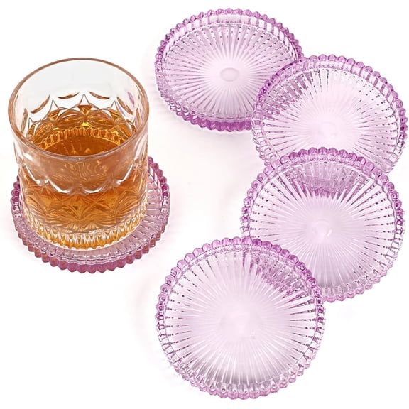 UniVerse Modern Clear Coaster Set of 5- Glass Coasters for Drinks Crystal Coaster Round Cup Coasters Coffee Table Decor for Office, Kitchen, Bar, Dining Room, Living Room, Patio(Clear Purple)