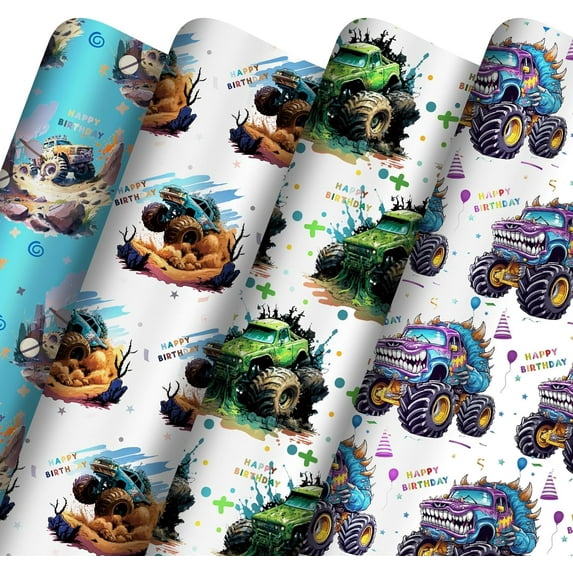 UniVerse Monster Truck Birthday Wrapping Paper 8 Pc Happy Birthday Gift Wrap Racing Car Art Paper Folded Flat for Boys Kids Baby Shower Holiday 19.6 X27.8Inch