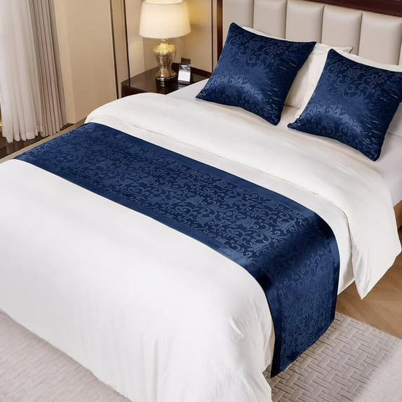 UniVerse Navy Blue Satin Bed Runner for King Size Beds(1.8m), 50 x 240cm(20" x 94") Jacquard Bed Scarf Satin Bedding Scarves for Hotel, Home, Guesthouse