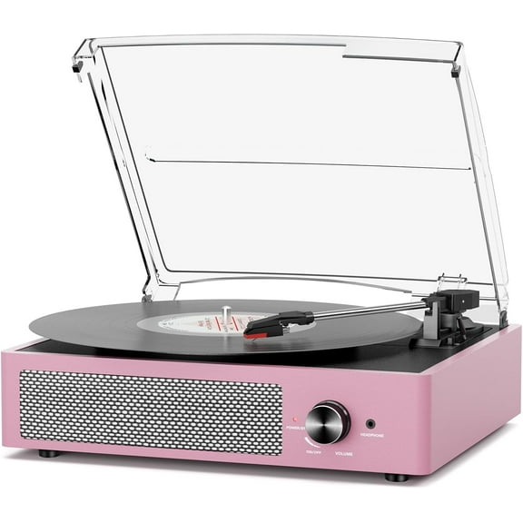 UniVerse Record Player with Speakers Belt-Driven Vintage Turntables 3 Speed 3 Size Wireless Bluetooth Playback AUX-in RCA Out Headphone LP Vinyl Players Auto Stop Purple Pink
