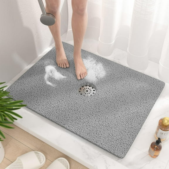 UniVerse Shower Mat,32 x 24 Inch Non Slip Bath Mat for Tub, Soft PVC Loofah Bathtub Mats with Drain Holes, Quick Drying Bathroom Stall Floor Mat, Bathroom Accessories Without Suction Cup, Grey