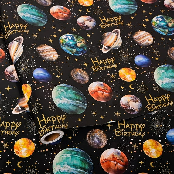 UniVerse Space Wrapping Paper Roll for Boys Girls Kids - Solar System Planets & Happy Birthday Galaxy Gift Wrap for Kid's Birthday Baby Shower Holiday Craft DIY Party - 17 in x 20 ft(Total 28.5sq.ft)