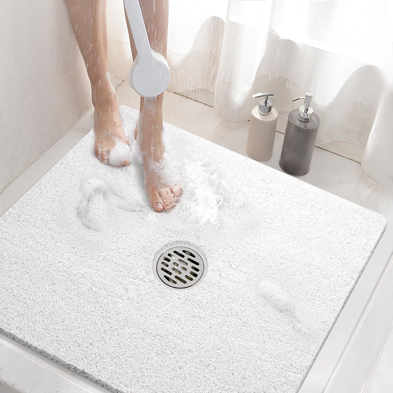 UniVerse Square Shower Mat,24 x 24 Inch Non Slip Bath Mat for Tub,Soft PVC Loofah Bathtub Mats with Drain Holes, Quick Drying Bathroom Stall Floor Mat, Bathroom Accessories Without Suction Cup, White
