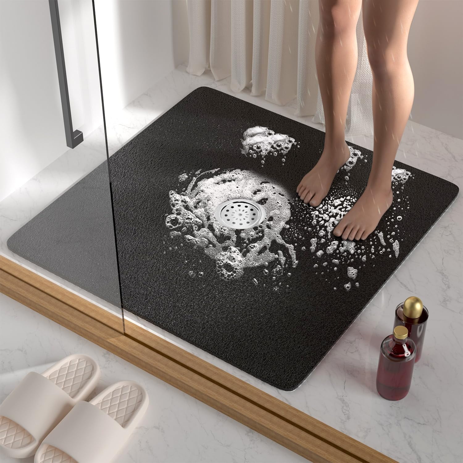 Square Shower Mat  27 X 27 Inch Non Slip Bath For Tub Soft Pvc Loofah Bathtub Mats With Drain Holes Quick Drying Bathroom Stall Floor Accessories Without Suction Cup Black