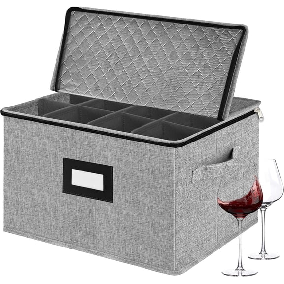 UniVerse Stemware Storage Cases,Quilted Wine glass Storage Boxes with Divider-China Storage Containers Hard Shell Holds 12 Wine Glass or Crystal Glassware Storage Containers, Stackable (Light Grey)