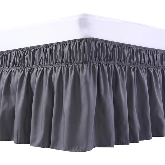 UniVerse Wrap Around Bed Skirt Three Fabric Sides Elastic Dust Ruffled 24 Inch Tailored Drop,Easy to Install Fade Resistant-Dark Grey, Queen/King