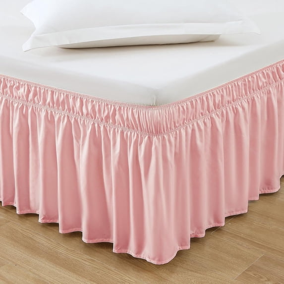UniVerse Wrap Around Bed Skirt Three Fabric Sides Elastic Dust Ruffled 24 Inch Tailored Drop,Easy to Install Fade Resistant-Pink, Twin/Full