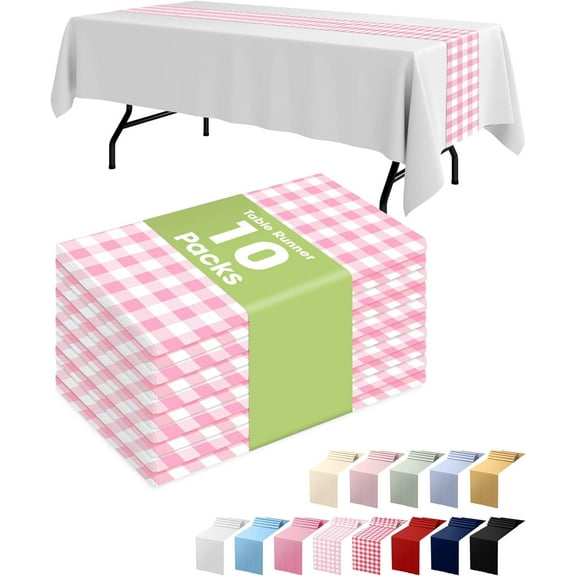UniVerseGingham Plastic Table Runners -10 Pack, 14'' x 108'', Water Resistant & Disposable Plaid Centerpiece Decorations for Table Cloth, Birthday, Holiday, Party, Pink and White Checkered Home Decor