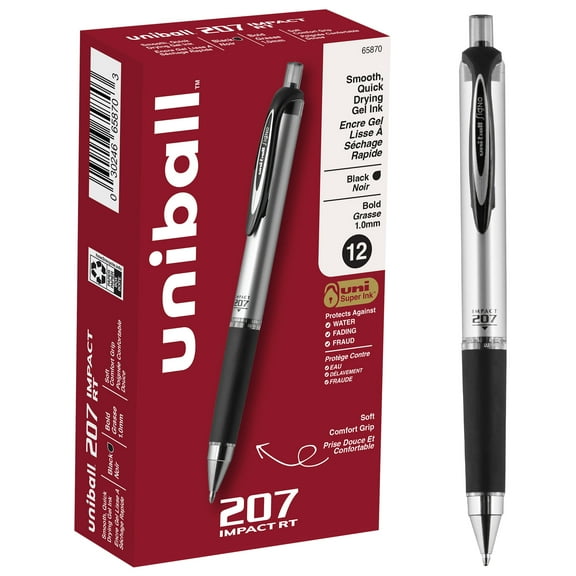 uniball 207 Impact Retractable Gel Pens, Bold Point (1.0mm), Black Ink, 12 Count