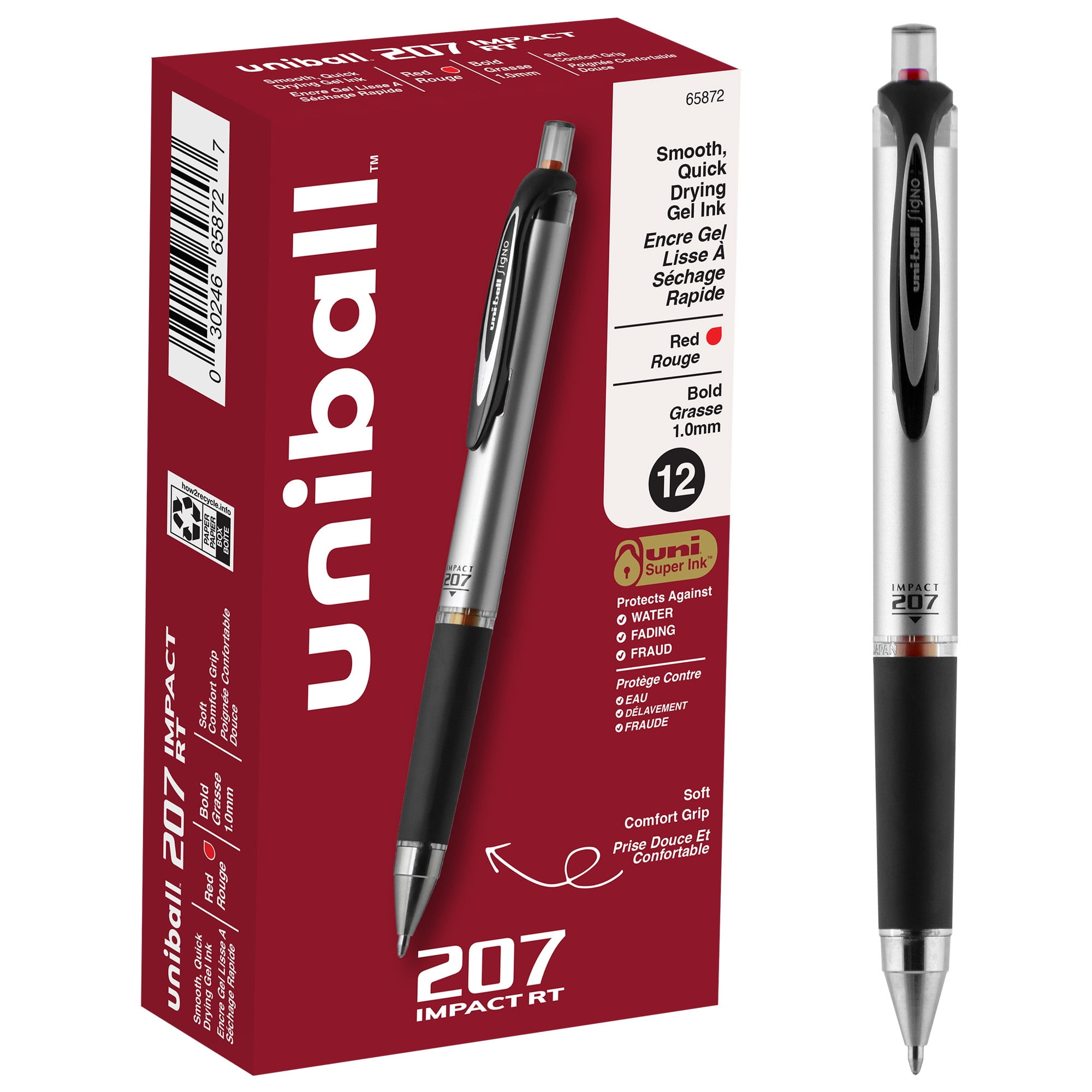 uniball 207 Impact Retractable Gel Pens, Bold Point (1.0mm), Red Ink, 12 Count