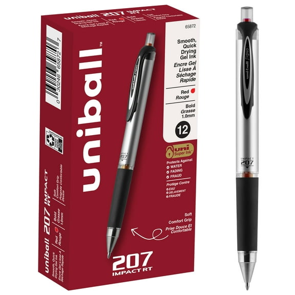 uniball 207 Impact Retractable Gel Pens, Bold Point (1.0mm), Red Ink, 12 Count
