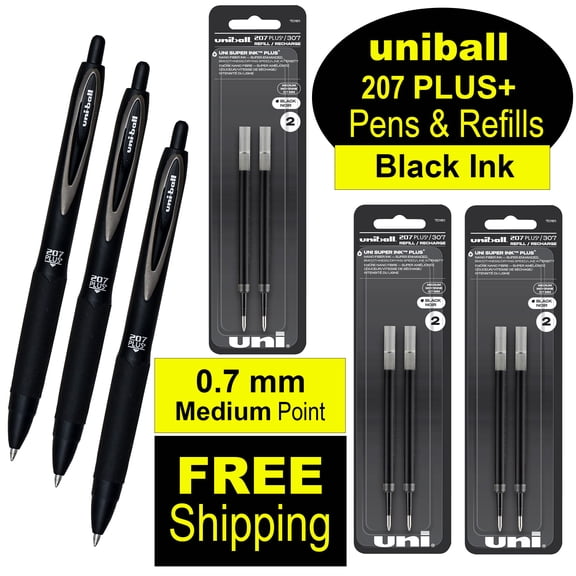 Uniball 207 PLUS+ 70462, Black Gel Ink, 0.7mm Medium Pens and Refills, FREE Shipping