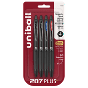 Uniball 207 Plus+ Gel Pens, Medium Point 0.7mm, Assorted Ink, 4 Count