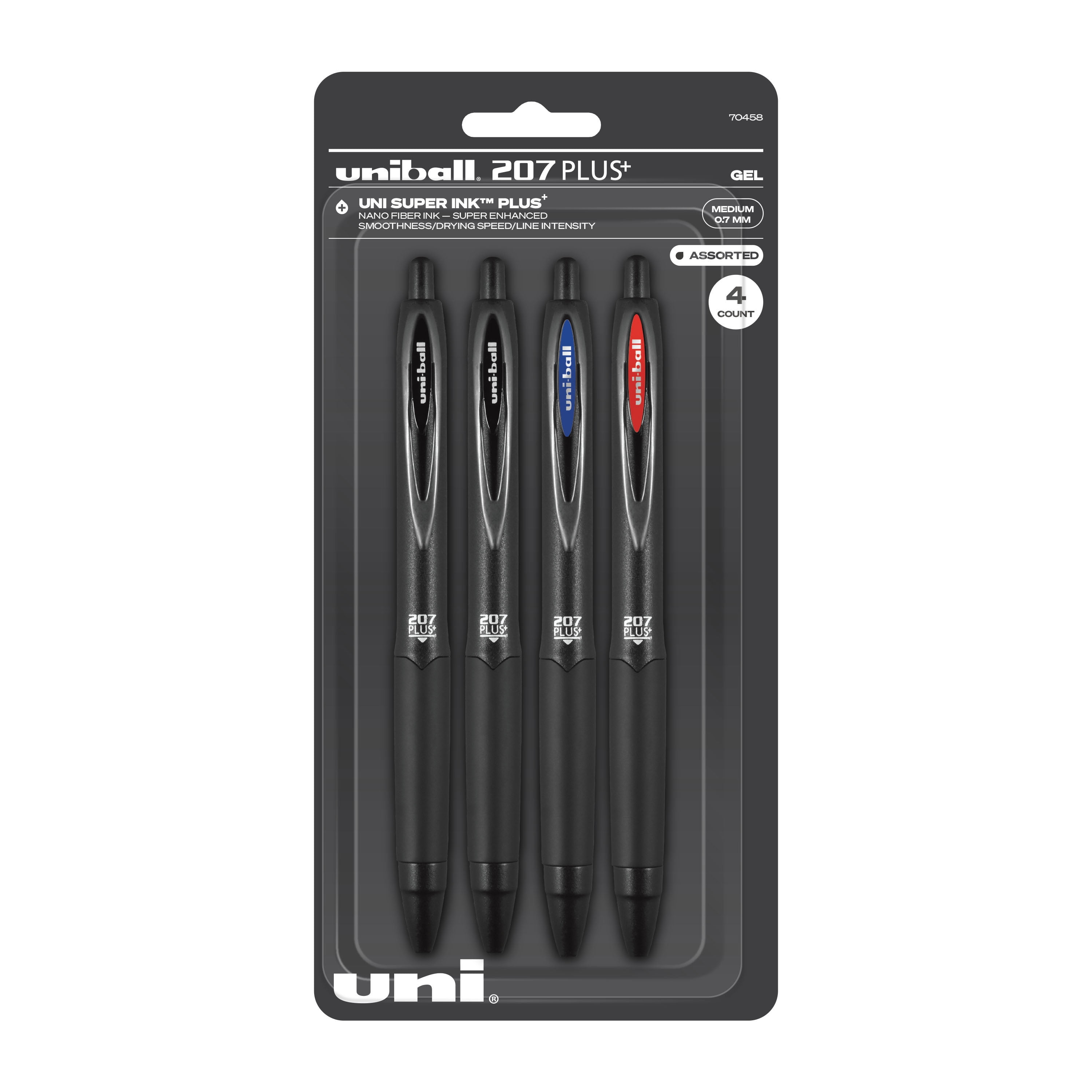 Uniball 207 Plus+ Retractable Gel Pens, Medium Point (0.7mm), Assorted Ink,  4 Count 