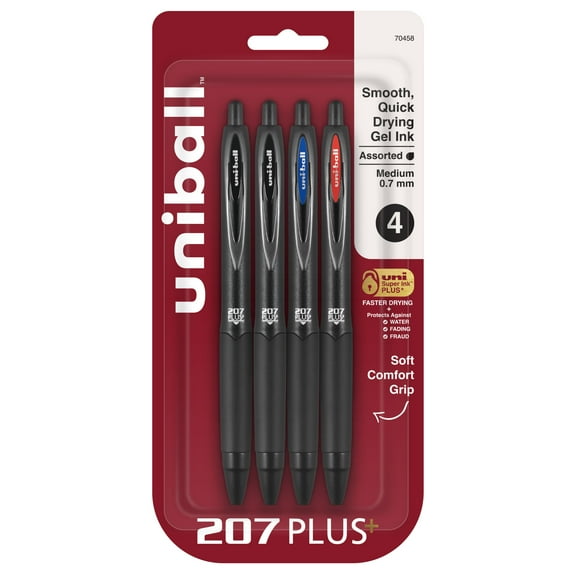 uniball 207 Plus+ Retractable Gel Pens, Medium Point (0.7mm), Assorted Ink, 4 Count