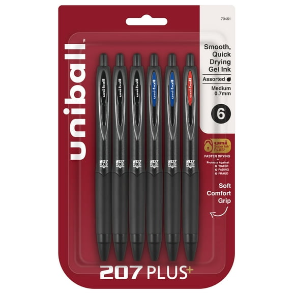 uniball 207 Plus Retractable Gel Pens, Medium Point (0.7mm), Assorted Ink, 6 Count