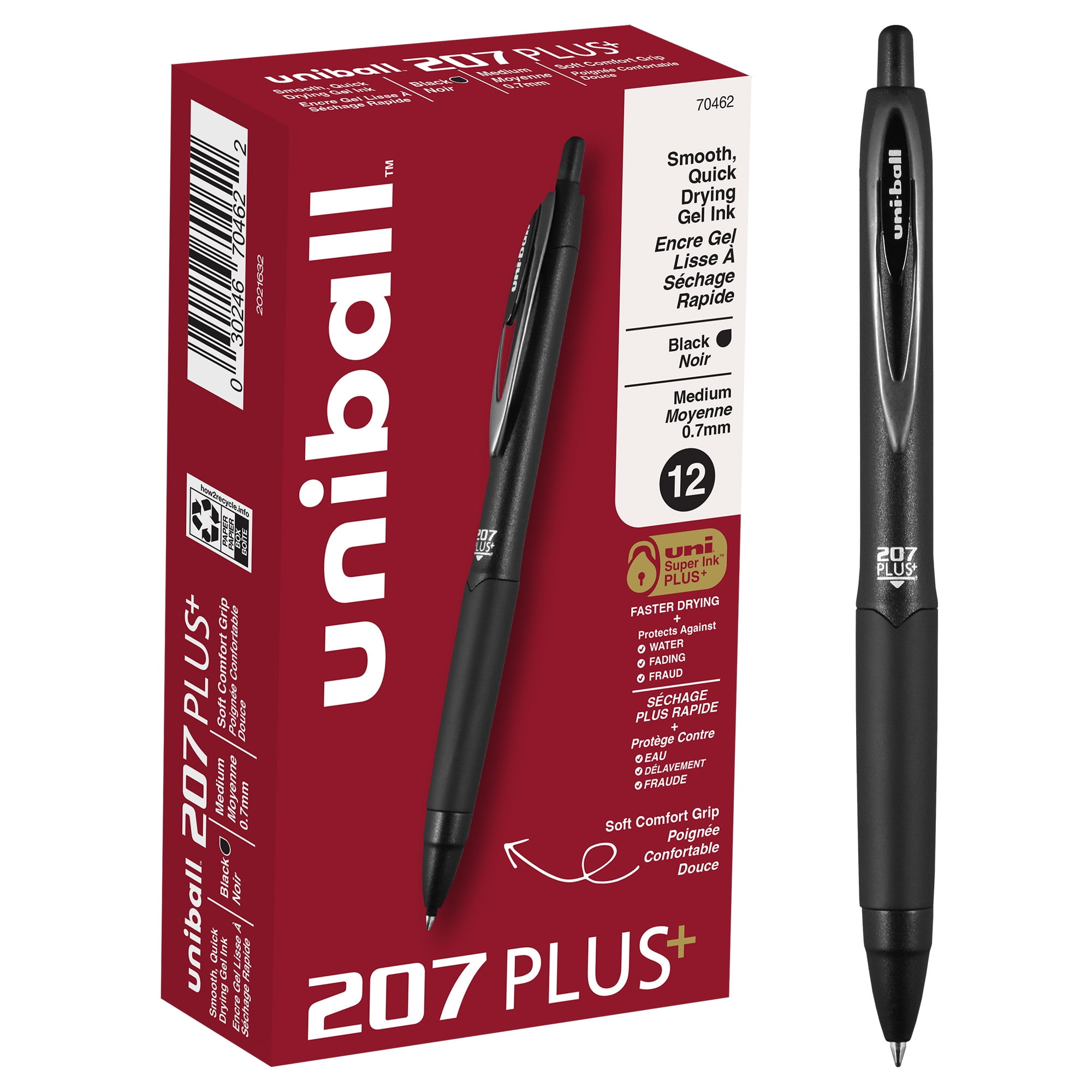 207 Plus+ Gel Pen, Retractable, Medium 0.7 mm, Black Ink, Black Barrel, 36/Pack