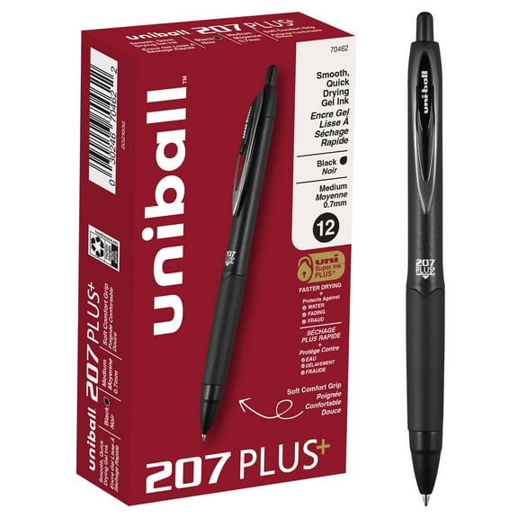 uniball 207 Plus+ Retractable Gel Pens, Medium Point (0.7mm), Black, 12 Count