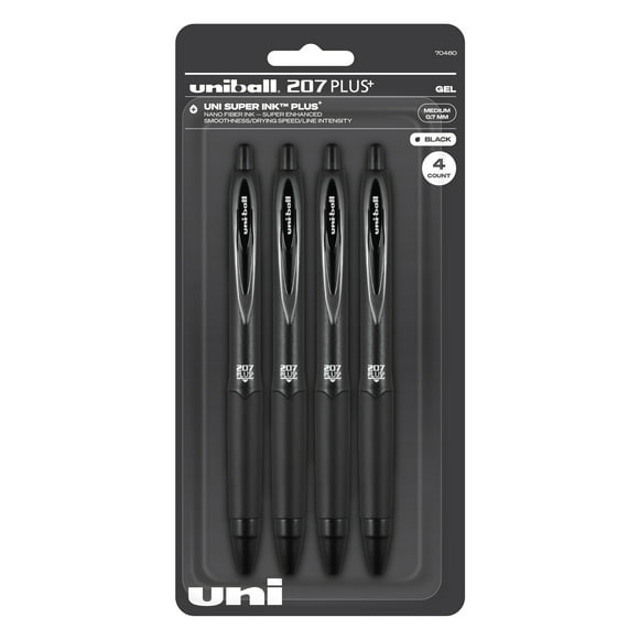 Uniball 207 Plus+ Retractable Gel Pens, Medium Point (0.7mm), Black Ink, 4 Count