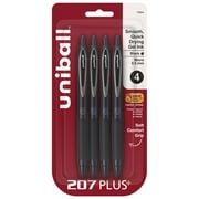 Uniball 207 Plus+ Retractable Gel Pens, Micro Point (0.5mm), Black Barrel, Black Ink, 4 Count