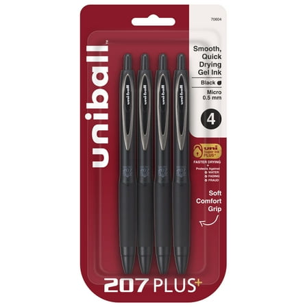 uniball 207 Plus+ Retractable Gel Pens, Micro Point (0.5mm), Black Barrel, Black Ink, 4 Count